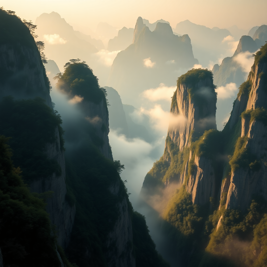 cinematic raw photo of Zhangjiajie National Forest Park at Golden hour in China, capturing the towering mountain pillars with vegetation shrouded in mist, surreal Avatar movie like landscape, highly detailed, professional photography