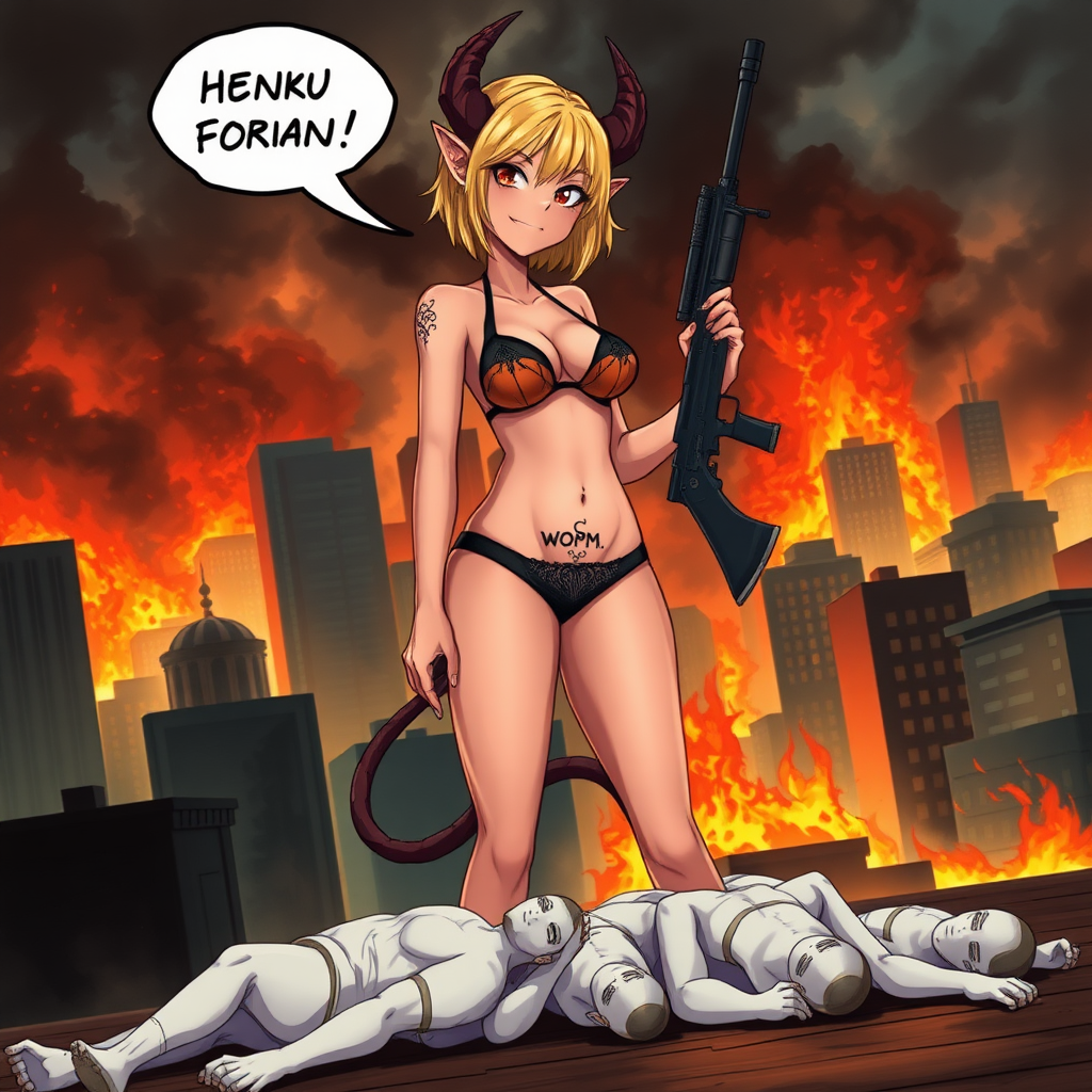 Anime, city on fire background, A mischievous tall-slender demon girl, short blond hair, wearing sexy-micro bikini-bra-like clothing, g-string, Womb tattoo on belly, mischievous wicked smile, large breasts, full body, long legs, looking at viewer, speech bubble with a burning city, holding rifle, down below is 4 white human males on the floor dead 