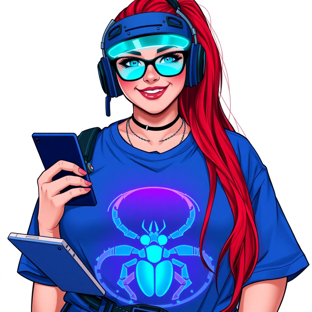 A cyberpunk vigilante’s full-figured intelligent and tech-savvy 29-year-old girlfriend, who is a computer hacker and tech genius. She has a long ruby red ponytail and bright blue eyes. She wears a sapphire beetle gemstone necklace, and an oversized maximum blue t-shirt featuring a giant neon blue glowing icon of a beetle on its chest. She has a full-figured physique with a prominent, gargantuan, round midsection, reflecting her well-cared-for lifestyle. The midsection is heavily emphasized. She sports a sapphire headset with hi-tech maximum turquoise lensed HUD visor, black eyeglasses, and a beaming smile with a passionate bright red blush. Despite her figure and a lack of self-esteem, she radiates an air of beauty. She has an angular face which contributes to her radiant beauty. She serves as his tech expert from his hideout, holding a holographic tablet and a hi-tech tool wrench. The background is solid white. She is drawn as if she was in a retro 2D cyberpunk fighting game. Make sure her shirt covers her round midsection.