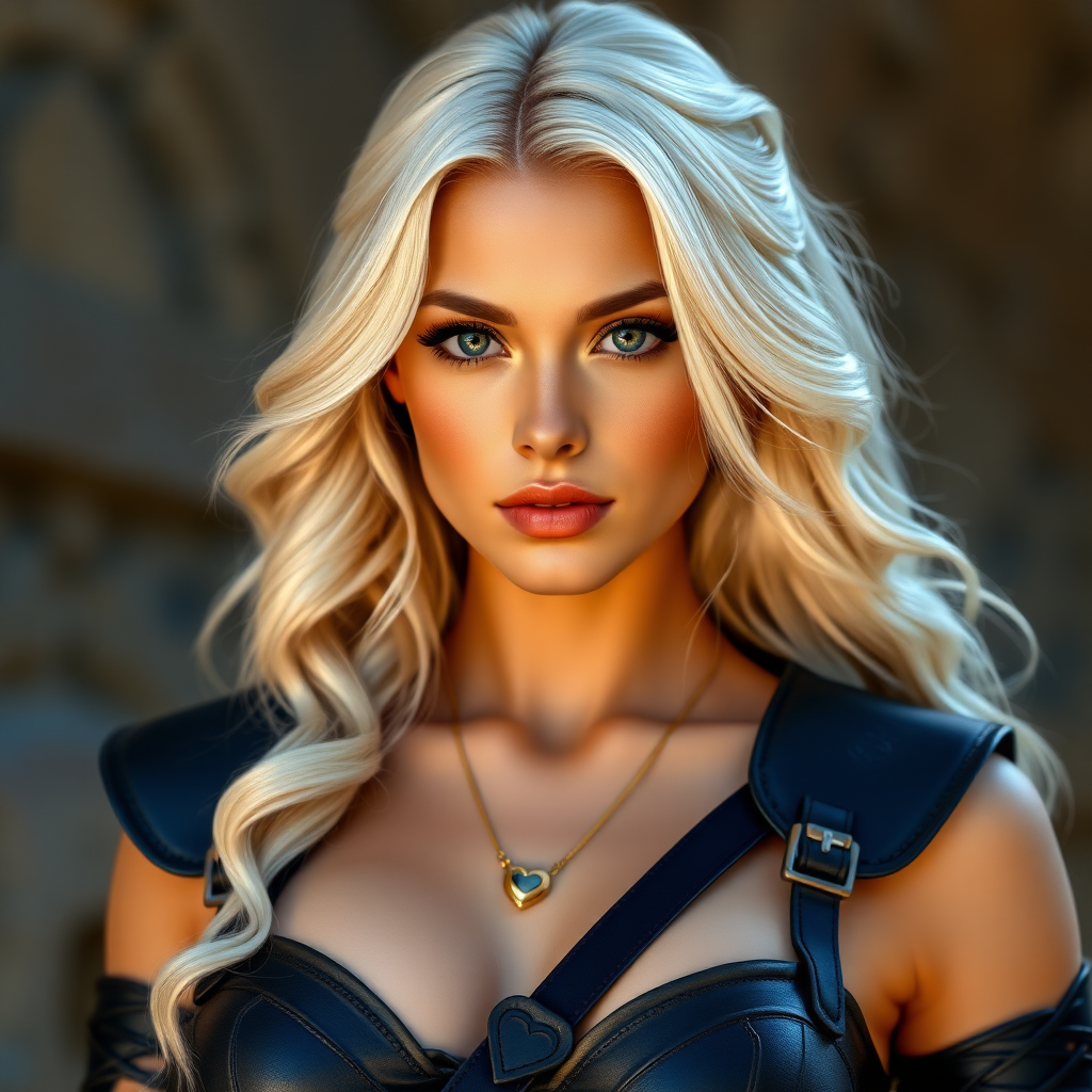 Portrait of a beautiful young woman with long wavy platinum blonde hair, green eyes, a suntan, light brown eyebrows, and large breasts. She is wearing black leather armor and a gold necklace with a small heart pendant.