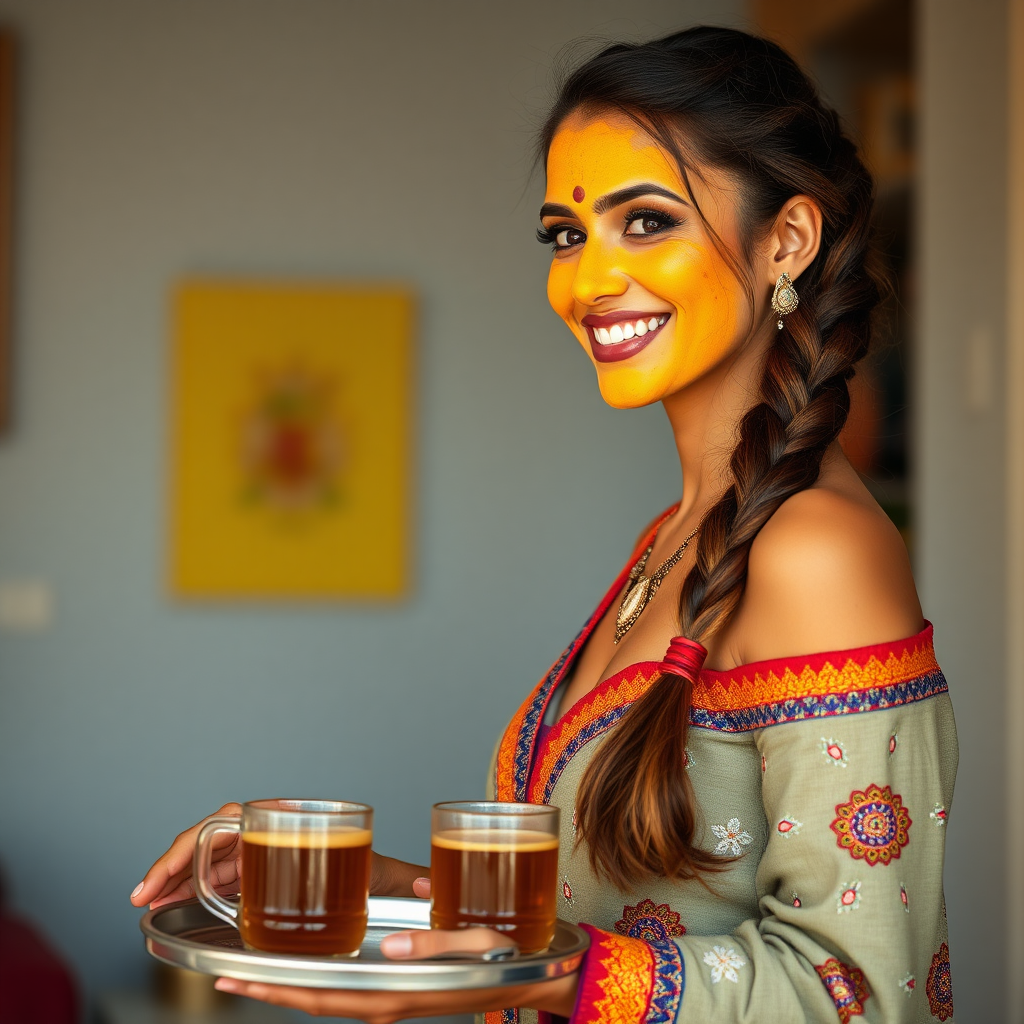 slim, 30 year old, sexy, indian wife, decorated hair braid, turmeric face mask. She is smiling and serving coffee on a tray to guests.