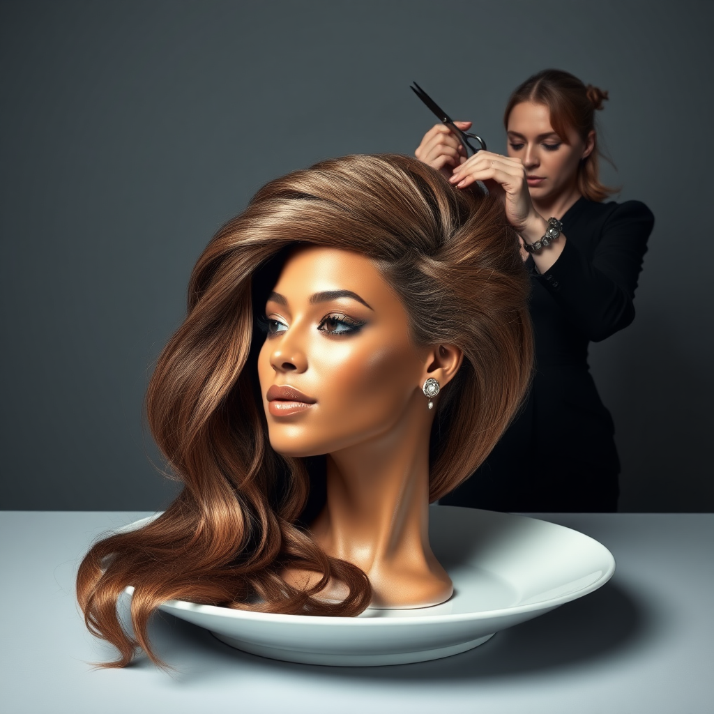 In a surreal and provocative scene, a beautifully tethered, disembodied head of Beyoncé rests gracefully on an elegant porcelain plate, her long, luxurious hair cascading like a waterfall of silky strands around the edges, creating a striking contrast against the stark, muted gray background. The sheen of her skin glows softly, exuding an air of ethereal beauty, while her chin rests directly on the plate, poised and serene. Behind her, a skilled hairdresser, clad in chic black attire, stands with a focused expression, gently teasing and arranging her magnificent hair with nimble fingers, creating intricate patterns that defy gravity. The atmosphere is oddly intimate yet surreal, blending an appreciation of beauty with an unsettling twist, as soft light casts subtle shadows, enhancing the textures of both hair and porcelain. The air is filled with a quiet stillness, broken only by the subtle sound of the hairdresser’s scissors snipping rhythmically and the faint fragrance of hair products mingling with the cool air, heightening the unusual but captivating atmosphere of the scene.