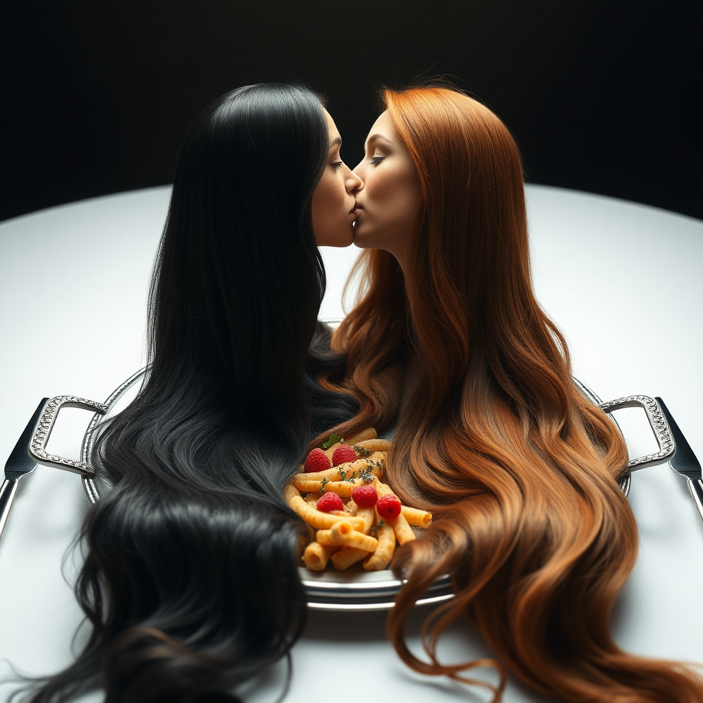 Surreal image of the disembodied heads of very long haired Meghan Markle and very long haired Kate Middleton served on a platter. They are kissing each other.