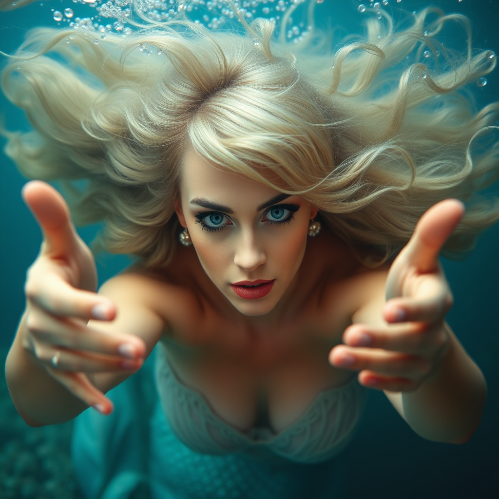 Katy Perry as a mermaid underwater, hair floating in a nimbus around her beautiful face, her arms outstretched towards the viewer, and she's looking down into the viewer's eyes, making intense eye contact. Loose fitting, diaphanous. Real DSLR HD Photography. Burlesque.