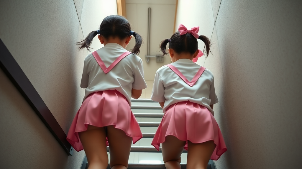 chubby 14 year old japanese schoolgirls in pink pigtails, tiny or small skirt, climbing a ladder, rear wide low angle pov