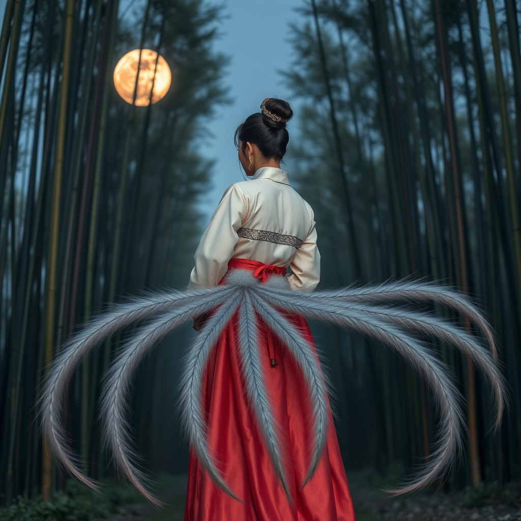 A Korean Woman in an ancient Hanbok with nine one meter long silver foxtails that comes off her ass, in front of the full moon in a bamboo forest.