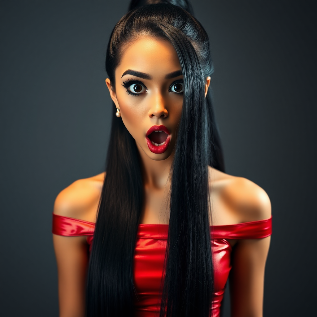 surprised Arabian girl with mouth open. She has very large eyes, black eyeshadow, black eyeliner, fake eyelashes, very tanned skin, very long hair. very high ponytail, red off shoulder shinny crop top. photo realistic, long straight black hair. crop top, pencil skirt, micro skirt, long legs.