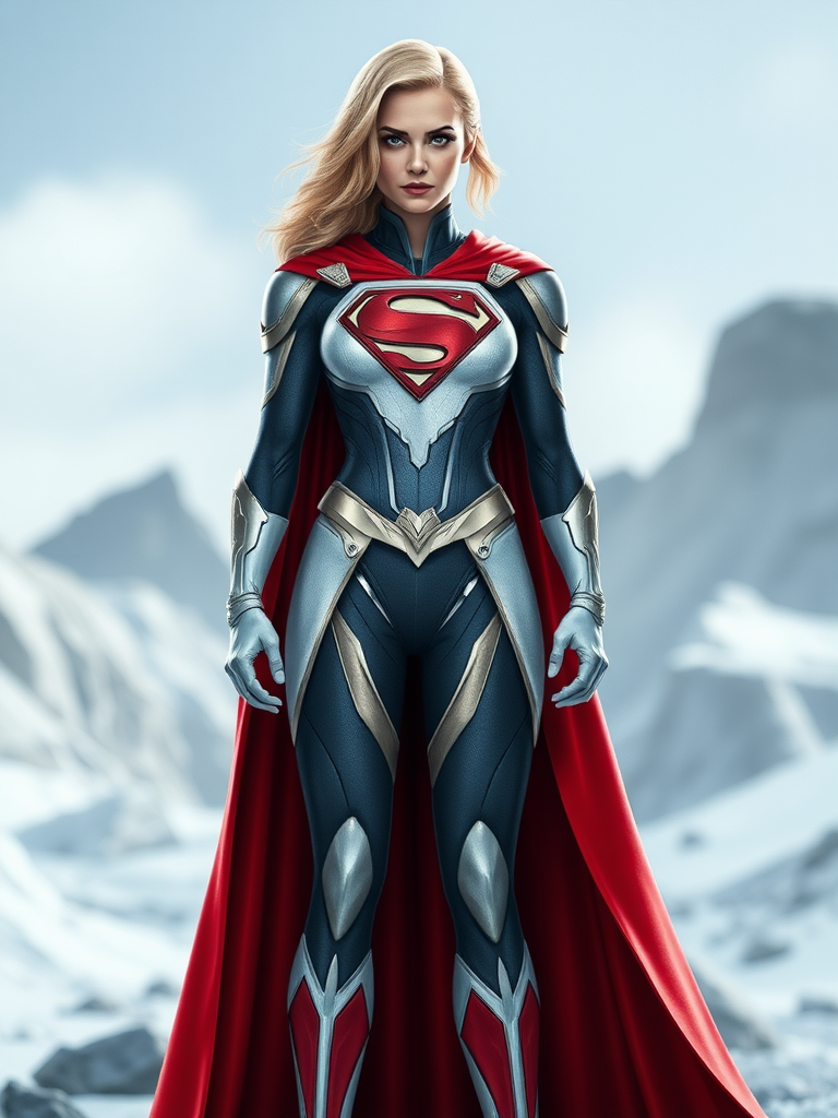 Generate a full-length image of a character with the body attributes of Emma Frost, including height, frame, and shape, but with the iconic costume and characteristics of Superman. Incorporate embellishments and elements from Emma Frost's costume into the design. Set the background in an environment appropriate for both characters' aesthetics and powers.