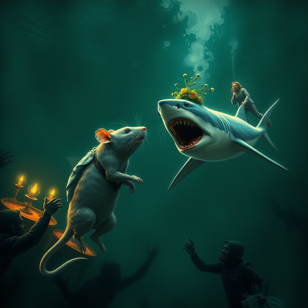 A rat wedding being attacked by hammerhead sharks, no text, Lovecraftian, sci fi, in Amsterdam