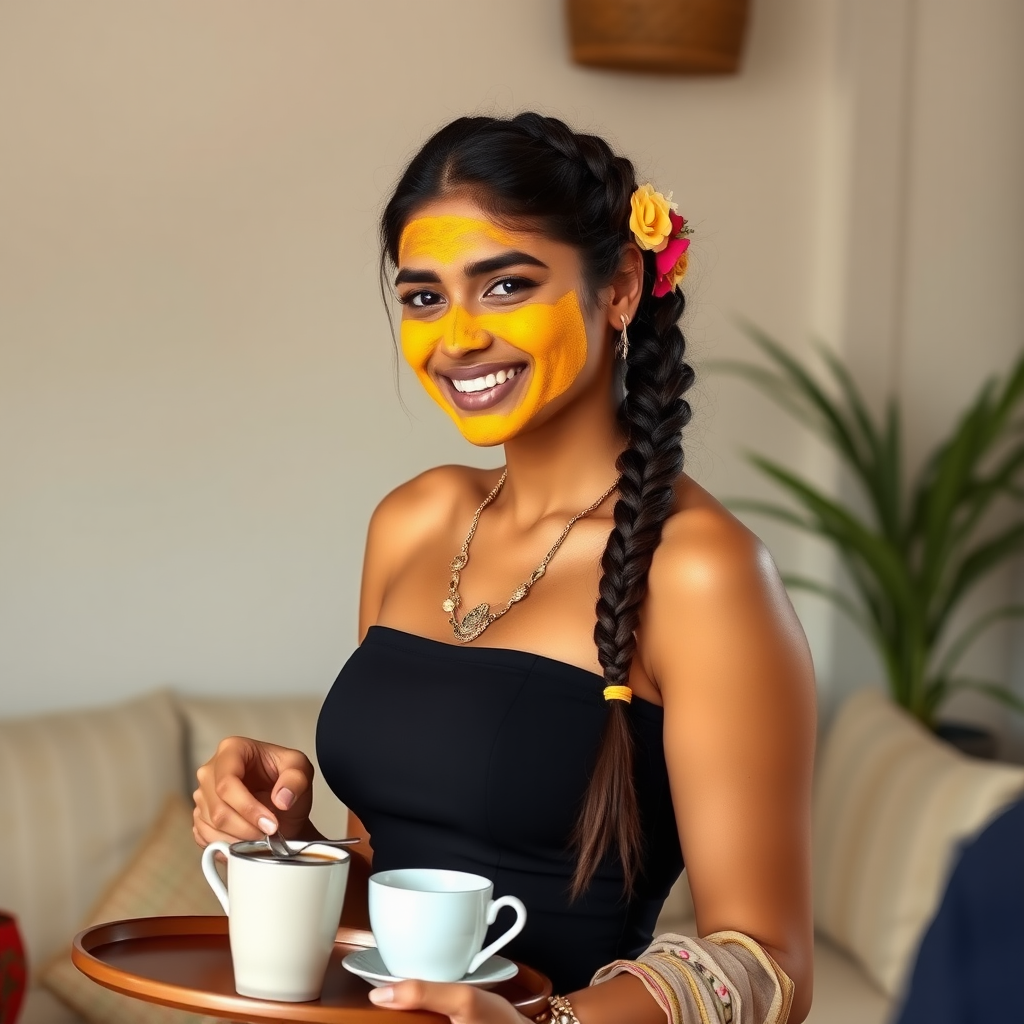 slim, 30 year old, sexy, indian wife, decorated hair braid, turmeric face mask. She is smiling and serving coffee on a tray to guests.