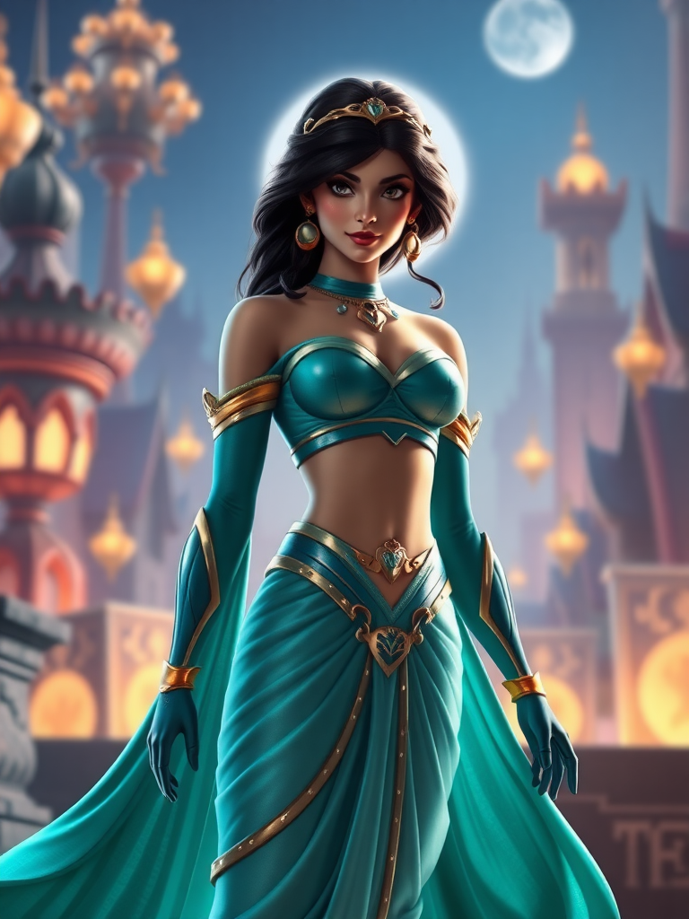 Create a photorealistic render presenting a full-body image of Princess Jasmine. Retain her head while using Nightwing's body type, ensuring body structure and silhouette align with this new form. Modify Jasmine's costume to appropriately fit the altered physique. Set the scene in a background that harmonizes elements of both Jasmine's and Nightwing's worlds, balancing their unique aesthetics. Ensure the final image maintains a vibrant and cohesive visual narrative.