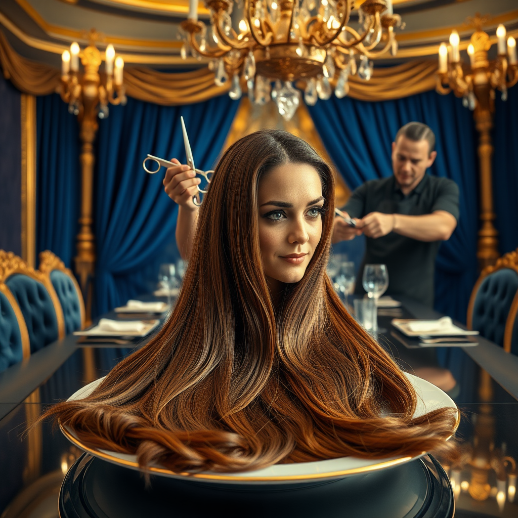 In a bizarre, surreal tableau, the polished surface of an elegant dining plate cradles the disembodied head of a strikingly beautiful Kate Middleton, her long, flowing hair cascading like a glossy waterfall of deep chestnut and honey highlights. The hair is luxuriously arranged, strands shimmering under the soft, ambient light that bathes the scene in an ethereal glow. Surrounding her head is an opulent, lavishly decorated dining room, rich with plush, velvet drapes in royal blue and golden accents that invoke a sense of grandeur.

A skilled hairdresser, clad in a sleek black apron, stands poised with a pair of gleaming scissors, carefully trimming the endlessly luxurious locks that frame Kate's serene, almost ethereal features. The air is thick with the scent of salon products mingling with delicate hints of floral fragrances, creating an unusual yet strangely inviting atmosphere. The hairdresser's focused expression reveals a meticulous dedication as snippets of hair fall gracefully onto the pristine plate, echoing a sense of both artistry and absurdity.

In the background, an ornate chandelier glimmers overhead, casting intricate shadow patterns on the richly textured walls, enhancing the surreal elegance of the scene. The overall emotional tone conveys a dreamlike quality, inviting viewers to ponder the juxtaposition of beauty, identity, and the bizarre circumstances that bind them in this extraordinary moment.