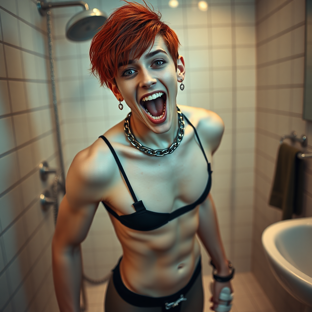 photorealistic, ultra high resolution, 16K, surreal fantasy, studio lighting, a pretty 16 year old goth boy, slim male physique, red hair, goth makeup, earrings, spikey chain and leash, handcuffs, trainer-bra, pantyhose, white ballet shoes, in the bathroom, excited open mouth smile, facing the camera,