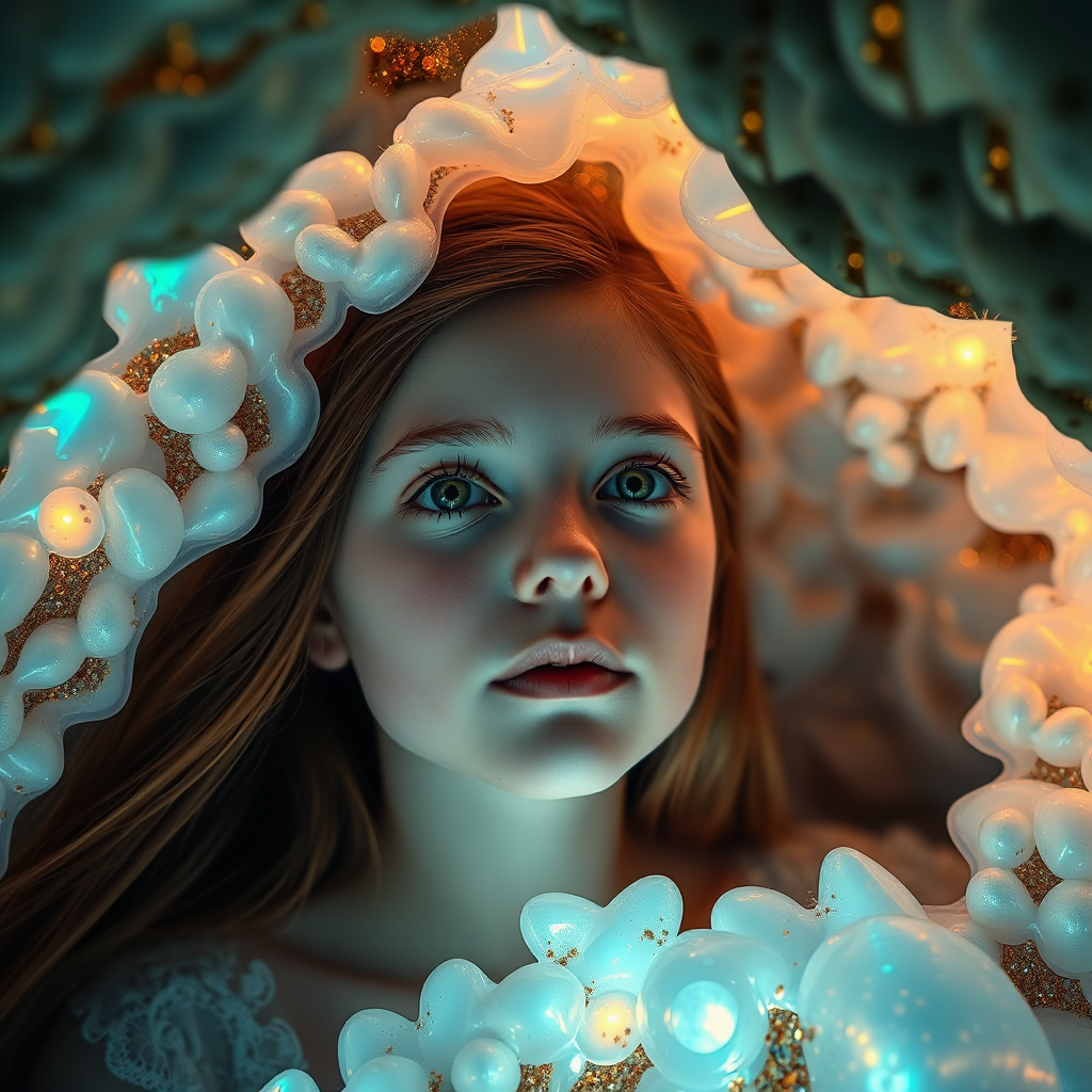 preteen girl in underwater cave, abstract, mandelbulb fractal, ultra-detailed, dynamic composition, artistic photograph, fractal, brilliant colors, glittering, transparency, translucent, opal, gold, romanticism, sharp focus, floral, mother of pearl, iridescent, clouds, natural