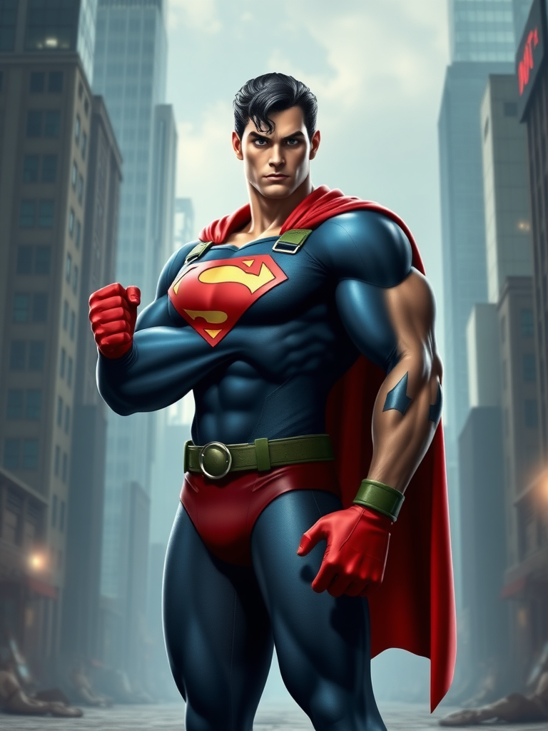 "Create an image of Superman with the body attributes of Cammy from Street Fighter. Retain Superman's original head and face, but modify the body shape to emphasize a lean, muscular torso and long, defined limbs like Cammy's. Keep Superman's core costume, the iconic blue suit and red cape, but add Cammy's green military-style embellishments and red gloves. Set the character in a dynamic cityscape background, merging Metropolis with a slight military training ground influence, to reflect both characters' environments. Highlight the definition in muscles and contrast in costumes."