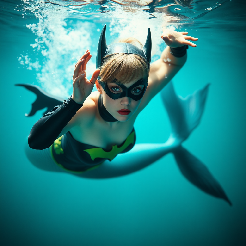 Batgirl as a mermaid. She's floating underwater with arms up. She's looking intensely at the viewer of the photo. The eye contact is palpable and mystical. Her short hair floats like a beautiful nimbus around her head and her shiny scaled tail is curled beside her. Gossamer Diaphanous. HD DSLR Photo