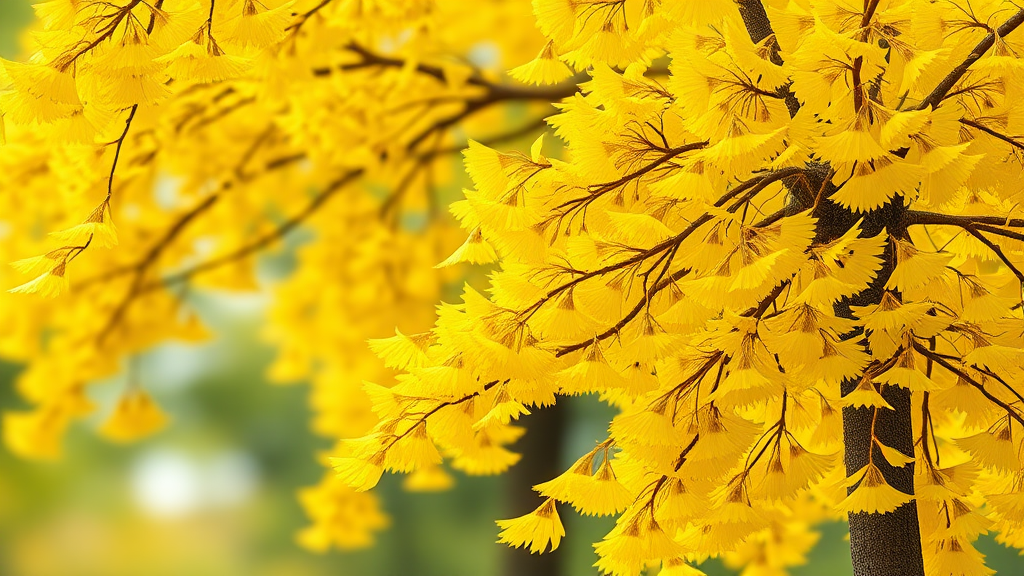 A realistic yellow ginkgo tree, the layout is a large yellow ginkgo tree placed entirely on the right, with ginkgo leaves falling underneath, and the background expressed as out of focus, so that the tree is not cut off.