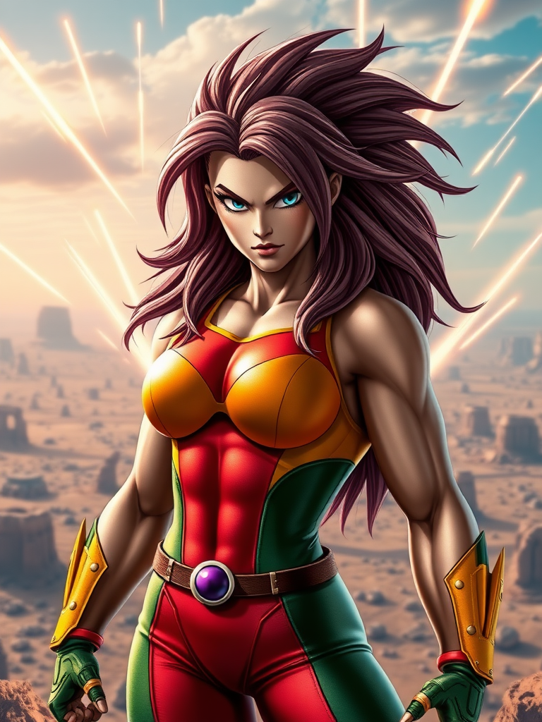 Generate a hyper-realistic image of the Marvel Comics character Rogue, retaining her original head. Modify her body to have the muscular physique of Vegeta from Dragon Ball, reflecting his anatomy while keeping Rogue's facial features and hair. Place her in a dynamic pose that showcases her powers. The background should merge elements from both the Marvel Universe and Dragon Ball, featuring a vibrant, action-packed setting that complements both characters, such as a deserted cityscape with energy blasts in the sky. Aim for a visually striking and detailed portrayal, capturing the essence of both characters.