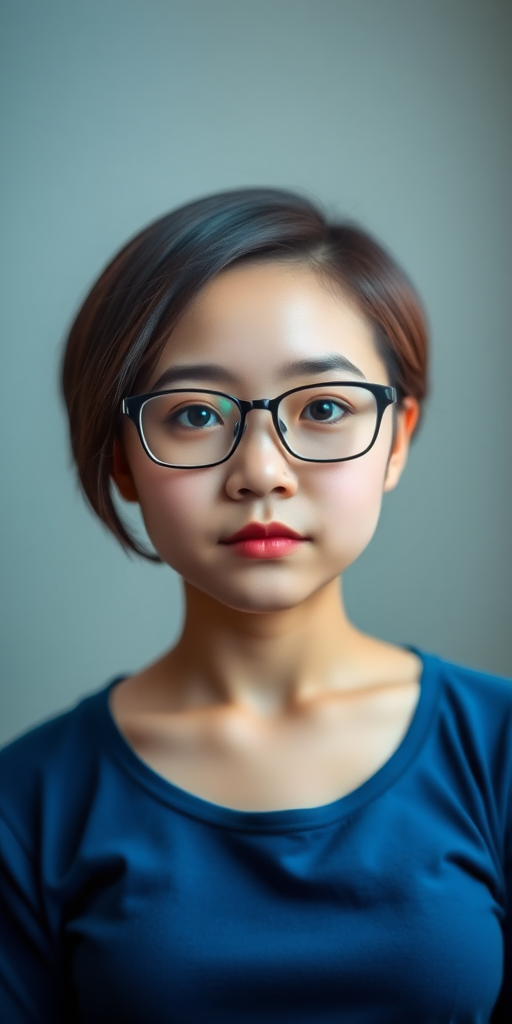 A beautiful Chinese girl, short hair, wearing glasses, slightly chubby, with a curvy figure, small chest, wearing blue clothes.