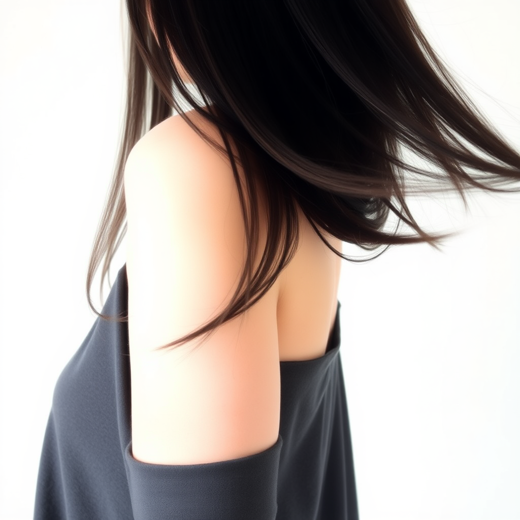 This image features a person with long, straight hair that cascades down the shoulders and back. The hair appears to be of a dark hue, possibly black or dark brown, with subtle highlights that give it a slight sheen. The person is wearing a simple, dark-colored top that drapes comfortably, suggesting a relaxed, casual style. The individual's facial features are not visible, which draws the focus to the hair and the top. The lighting in the image is soft and diffused, creating a gentle ambiance and contributing to the overall calm and serene mood of the photograph. The background is plain and nondescript, with a light, almost white color that fades into a soft blur, ensuring that the subject remains the central point of interest. The composition of the image, with the hair flowing across the frame, adds a sense of movement and grace to the stillness of the portrait.