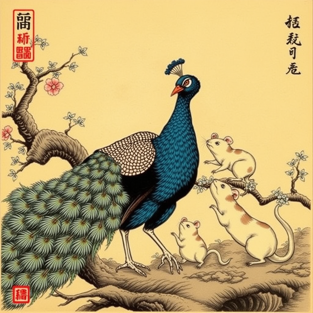 A peacock fighting rats, Chinese woodcut