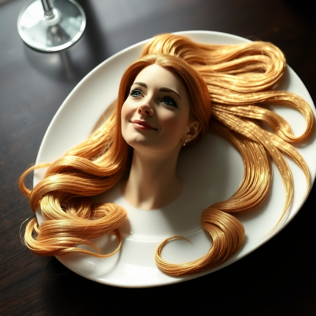 In a surreal and whimsical culinary display, Kate Middleton's disembodied head is elegantly arranged on a pristine, white porcelain plate. Her long, flowing hair cascades luxuriously around the edges, each strand meticulously crafted to shimmer in the ambient light, reminiscent of spun gold. The delicate features of her face, perfectly sculpted, convey a serene expression, with a soft, inviting smile that radiates warmth and grace.