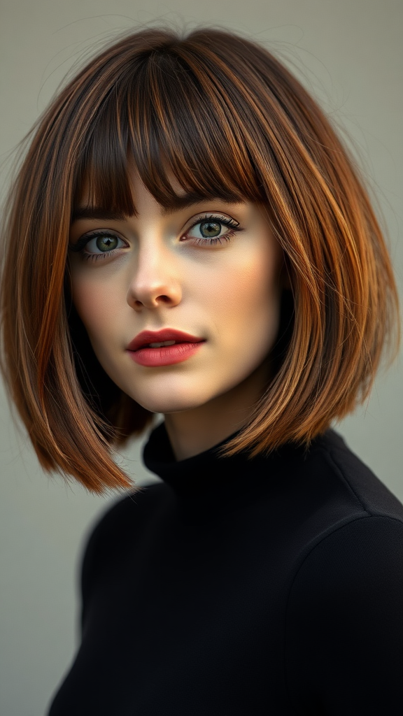 Gorgeous model Anne Hathaway with a bowl cut hairstyle in various shades of color, with autumn chestnut foliage, in high definition.