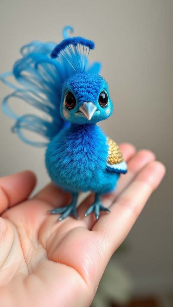 A small tiny cute chubby big eyes big perfect tail real blue dancing peacock with tail on hand