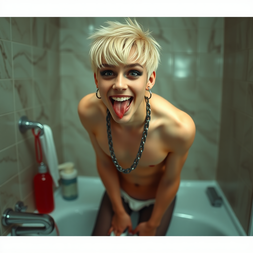 photorealistic, ultra high resolution, 16K, surreal fantasy, studio lighting, a pretty 16 year old goth boy, slim male physique, short blonde hair, goth makeup, earrings, spiky chain and leash, pantyhose, white ballet shoes, in the bathroom, excited smile, facing the camera, drooling from his mouth.