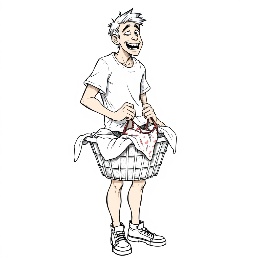 nervous short 20 year old european skinny man, short white t-shirt, standing, stunned, mesmerized, joyful, aroused, heavy drooling, heavy sweating, fumbling through a small dirty laundry basket full only of sexy woman heavily stained worn lingerie, detailed fabric, side view, sneakers, detailed feet, 2D, caricature, cartoon, Sketch lines, coloring book, coloring book