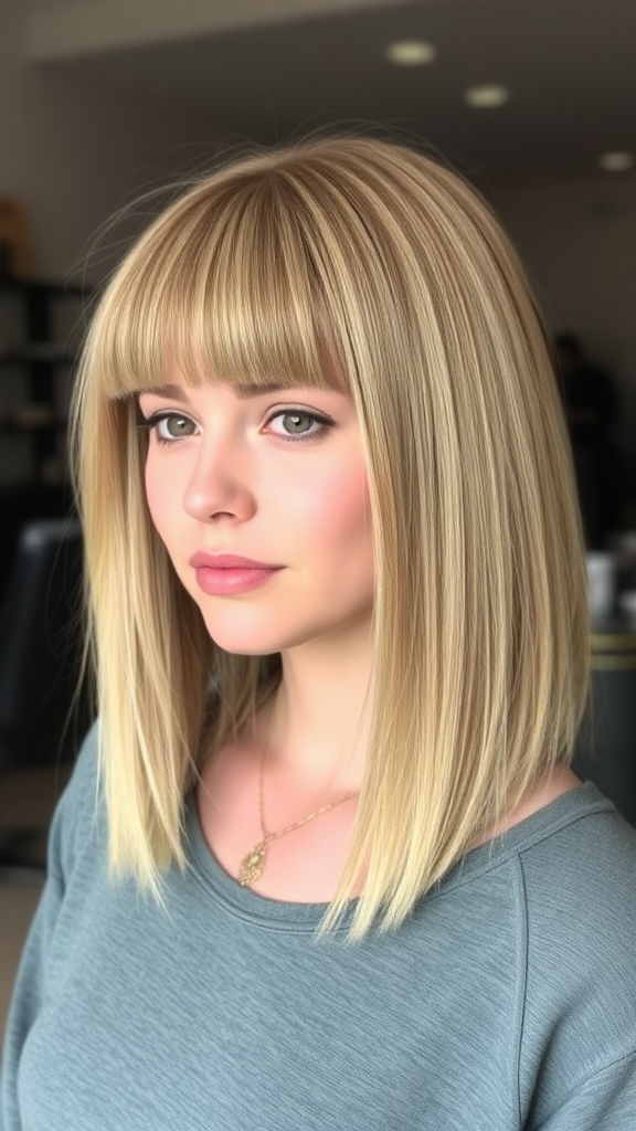 Beautiful model with a short straight lob haircut with a straight fringe in ash blonde color, in high definition, in the background, hair salon.