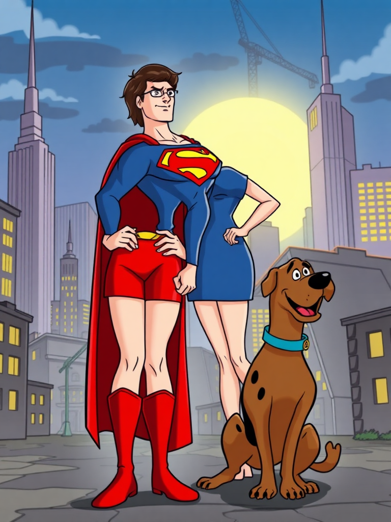 Generate a full-length image of Superman with the body type of Velma Dinkley. The character should have Superman's iconic costume but with Velma's physique. Make the background a blend of Metropolis and a classic Scooby-Doo mystery setting, creating an appropriate environment for both characters.