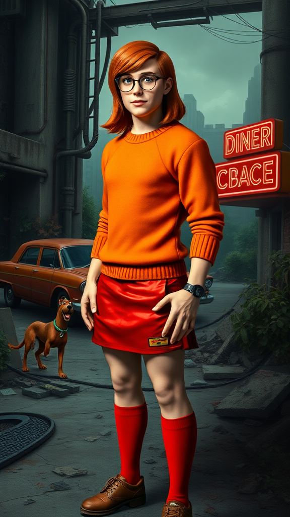 Detailed full-length portrait of Marcus Fenix's muscular male figure wearing Velma Dinkley's iconic orange sweater, red skirt, knee-high socks, and circular glasses. Velma's auburn shoulder-length hairstyle and facial features, including freckles, remain intact atop Fenix's head. The background blends the gritty, industrial environment of the Gears of War universe with the retro American suburban setting of Scooby-Doo, featuring a classic woodgrain paneled station wagon, a neon diner sign, and overgrown foliage amidst crumbling concrete ruins.