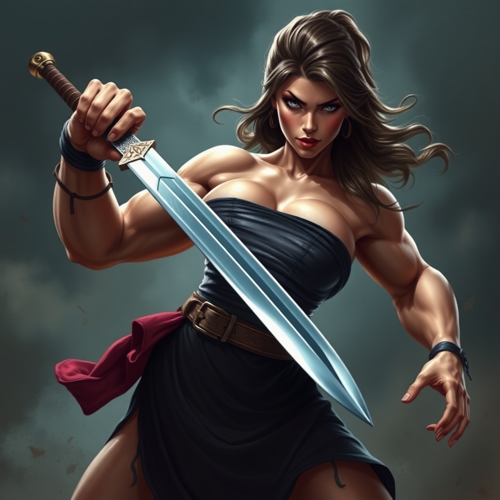 huge massive strong muscular bodybuilder girl, strapless dress, fighting with a sword