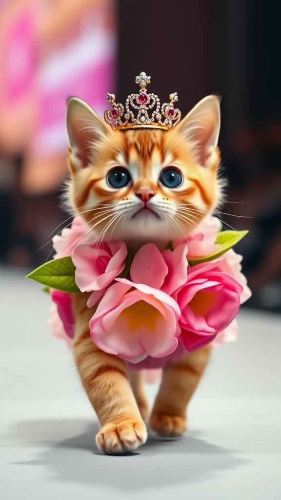 A little chubby cat with big eyes and a pink nose is walking on two paws, wearing a real flower costume and a beautiful crown, doing a ramp walk in a fashion show.