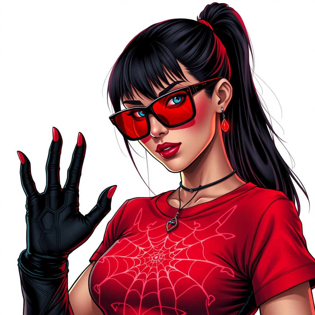 A hot 26-year-old mystical corporate hero hunter with a single black ponytail, maximum red lipstick, striking blue eyes, dressed in a maximum red t-shirt adorned with intricate neon red glowing web patterns, equipped with black biker gloves, and wearing glowing neon red-lensed shades and a mystical red gemstone amulet featuring an intricate web design that grants her the cunning and trickery of Anansi. She poses flirtatiously against a solid white background, exuding an aura of mystical power and intelligence. She is drawn as if she was in a retro 2D cyberpunk fighting game. She glows neon red showing her mystical powers.