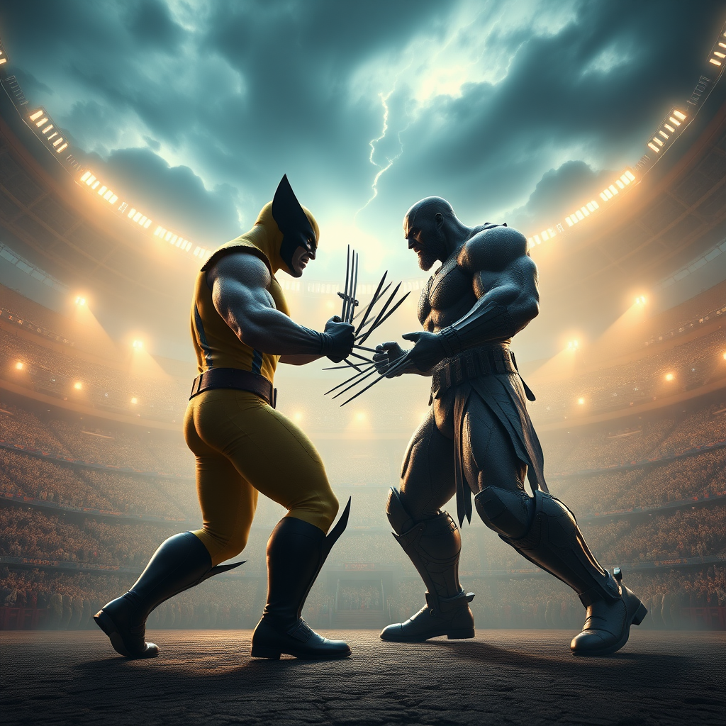 In the center of a vast stadium, Wolverine faces off in a fierce battle with Soloman Grundy. The 3D rendered image is stunningly photorealistic, every detail brought vividly to life. A magical, ethereal glow surrounds the scene, casting intricate dramatic shadows on the combatants beneath a stormy sky. The impeccable quality of the rendering immerses viewers in the epic clash between these legendary figures, creating a truly mesmerizing visual experience.