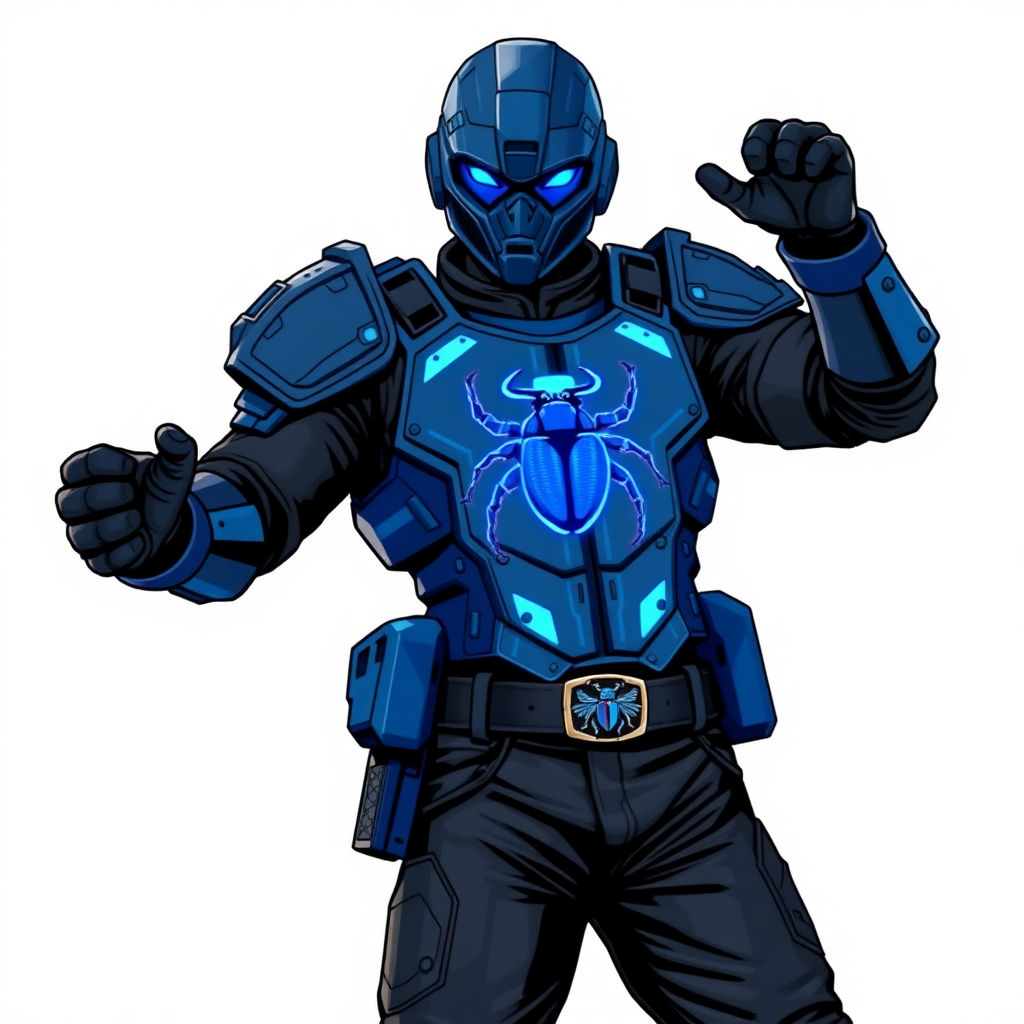 A young adult cyberpunk vigilante stands heroically, clad in high-tech, maximum blue body armor featuring a neon blue glowing beetle on the chest. They wear black biker pants, a black belt with a sapphire beetle buckle, and a head covering helmet resembling a sleek, tactical design, but colored maximum blue with neon blue glowing lenses. Their hands are protected by black metal gloves, all set against a solid white background. He is drawn as if he was in a retro 2D cyberpunk fighting game.