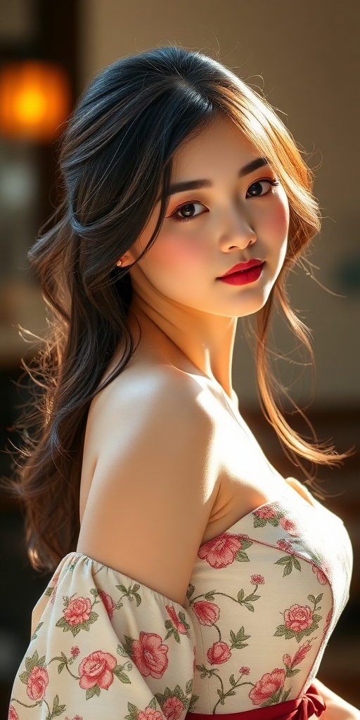 A young Japanese woman, beautiful, with a curvy figure, an oval face, small eyes, embodying Eastern feminine beauty.