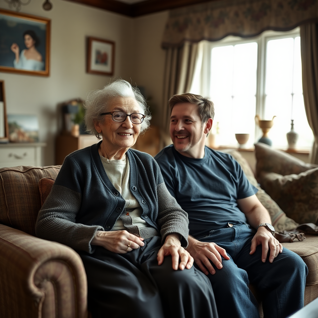 In a scene viewed from an angle and slightly above: In an old-fashioned English living room, a very frail and thin, very elderly English lady with a kind smile, short, thinning white curly hair, wrinkled face, neck and skin, wearing thin framed glasses, an old cardigan, blouse, and long skirt is sitting on a sofa with an English man about 40 years old, grey stubble on his chin, brown hair, sitting close next to her on the same sofa, wearing a black T-shirt and dark blue jeans. The man and woman are smiling at each other.