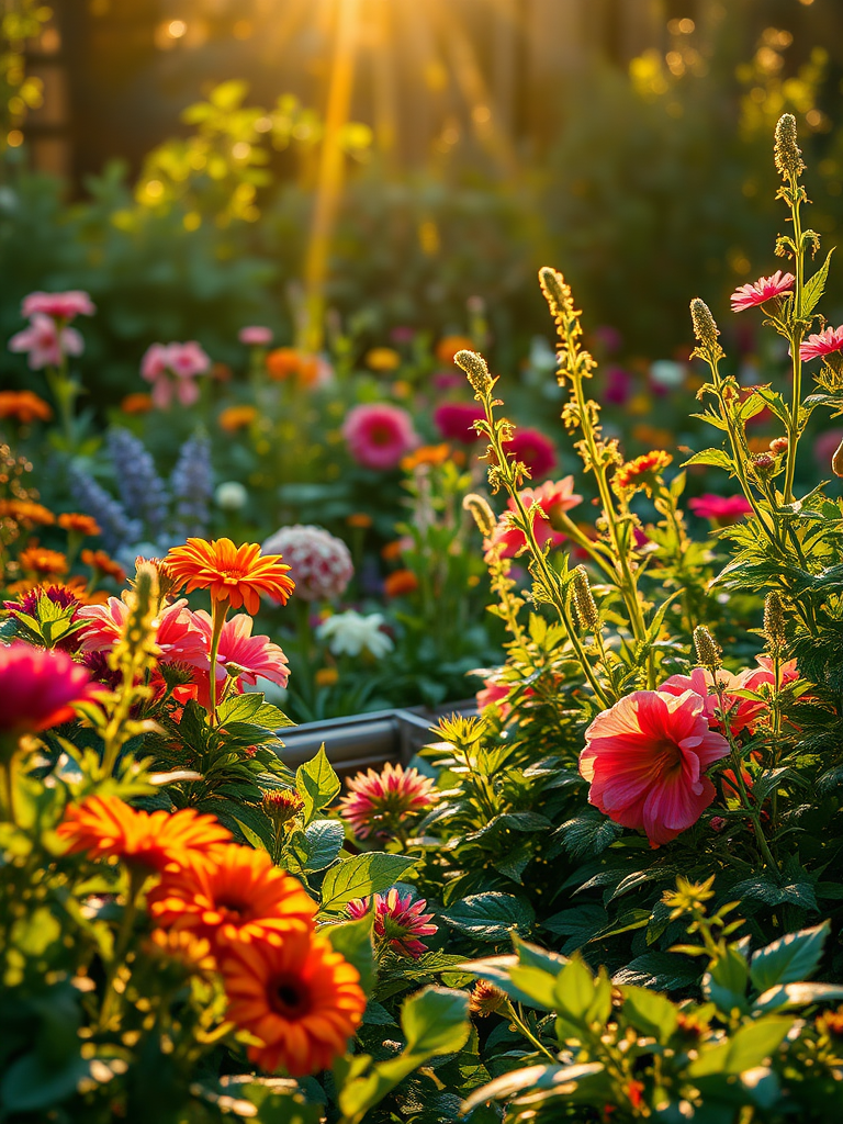 A realistic 4K scene of a beautiful garden in the morning, illuminated by soft sunlight. The garden is filled with vibrant flowers, lush greenery, and gentle morning dew sparkling on the leaves. The warm glow of the sun creates a serene and inviting atmosphere, capturing the tranquility of a perfect morning.