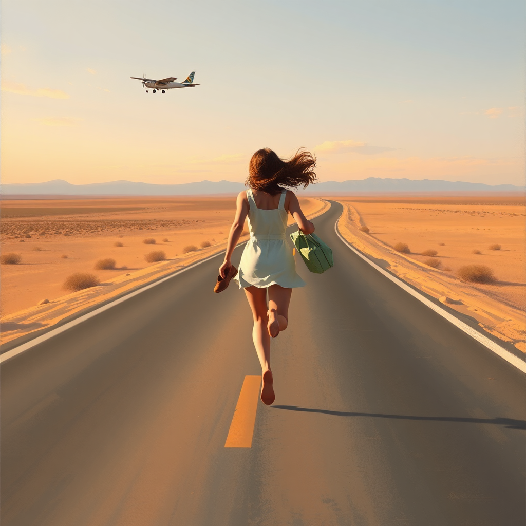 /imagine prompt: A retro-style painting of a woman running barefoot on a deserted road, holding shoes and a package, looking back at a small airplane flying above, soft pastel colors, dramatic lighting, wide open landscape with a distant horizon, hd quality --ar 2:3 --v 6.0