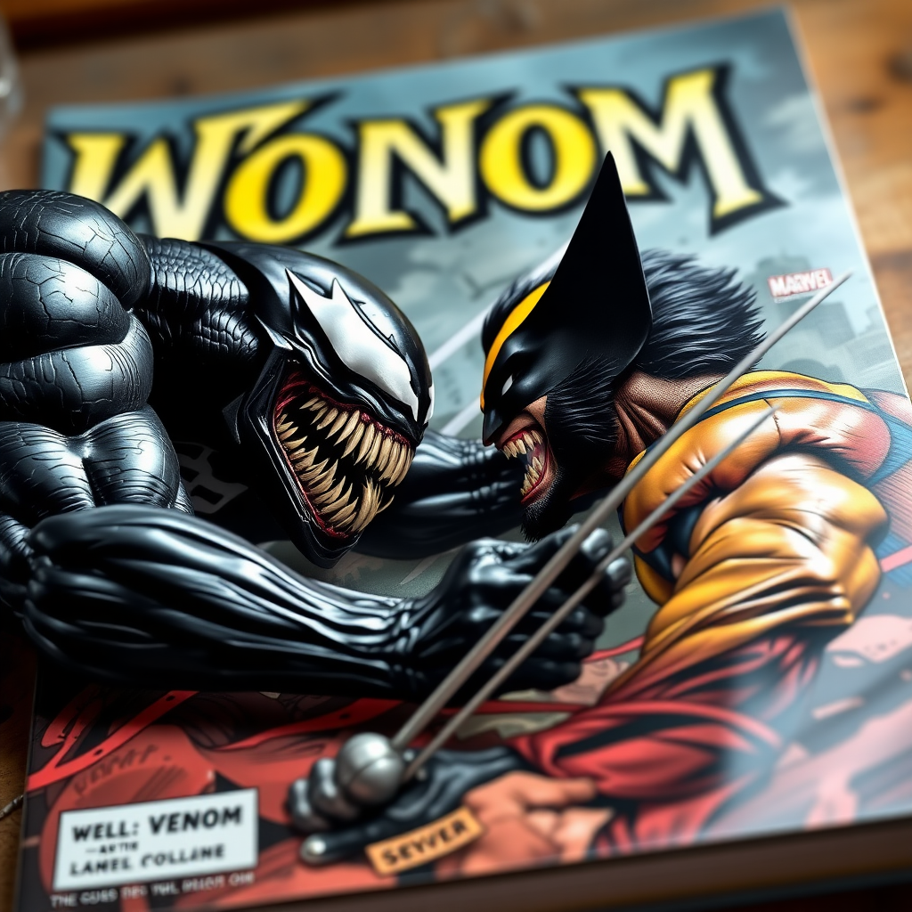 On a comic book cover is Venom Vs Wolverine in Cinematic Real3d photo-realistic quality.