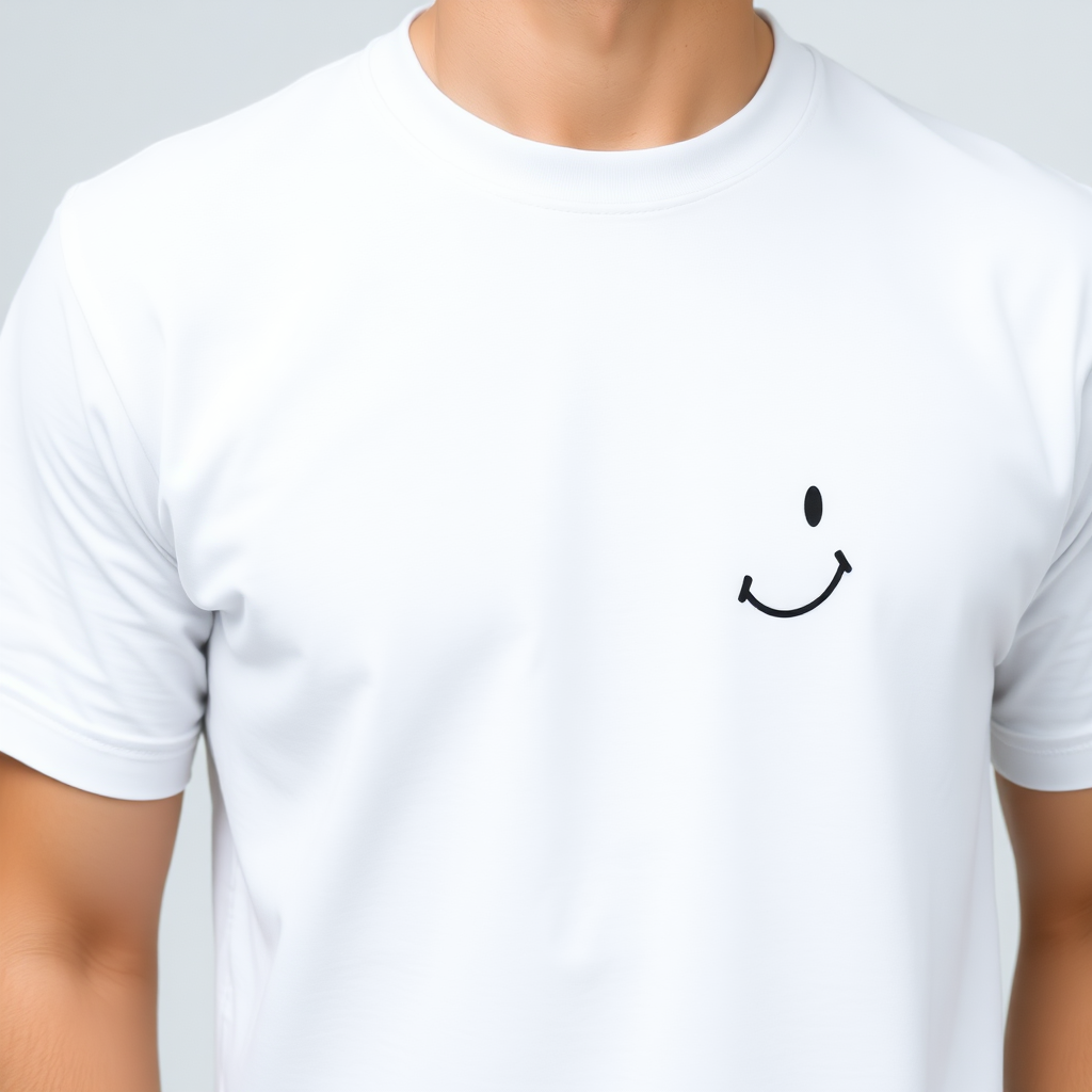 A white T-shirt with a black smile on the right chest.