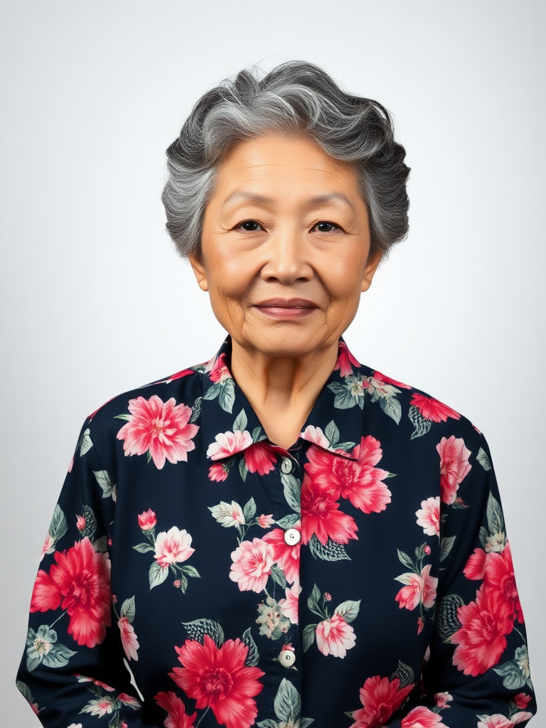 80 age old korean woman, front, flower shirt, photo studio background, Short permed hair, black and white hair