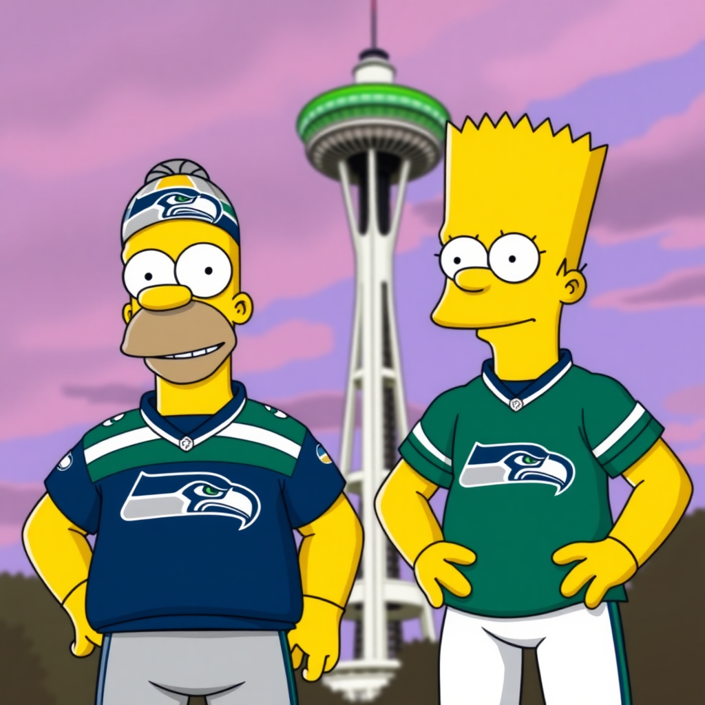 Homer Simpson and Bart Simpson wearing Seattle Seahawk outfits, with the Space Needle in the background.