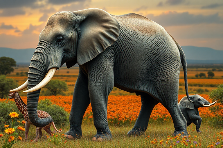 Generate a full-length photorealistic image of an elephant featuring the musculature and framework of a mouse, while keeping its head intact complete with distinct facial features. The skin retains its elephantine texture, complemented by soft fur similar to a mouse. The background blends elements from both animals' habitats, showcasing a mix of savannah and vibrant fields. Include plants characteristic of each environment, ensuring a harmonious and imaginative scene that captures the essence of both creatures while highlighting their unique characteristics in a surreal setting.