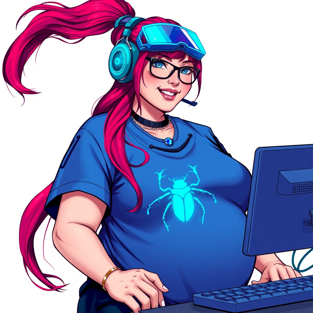 A cyberpunk vigilante’s full-figured intelligent and tech-savvy 29-year-old girlfriend, who is a computer hacker and tech genius. She has a long ruby red ponytail and bright blue eyes. She wears a sapphire beetle gemstone necklace, and an oversized maximum blue t-shirt featuring a neon blue glowing icon of a beetle on its chest. She has a full-figured physique with a prominent, gargantuan, round midsection, reflecting her well-cared-for lifestyle. She sports a sapphire headset with hi-tech maximum turquoise lensed HUD visor, black eyeglasses, and a beaming smile with a passionate bright red blush. Despite her figure and a lack of self-esteem, she radiates an air of beauty. She has a slim face which contributes to her radiant beauty. She serves as his tech expert from his hideout, diligently working at her lab table and computer desk. The background is solid white. She is drawn as if she was in a retro 2D cyberpunk fighting game.