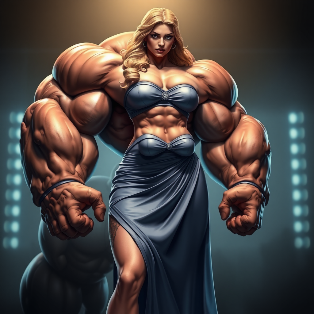 jacked massive huge bodybuilder girl, strapless dress, super hero