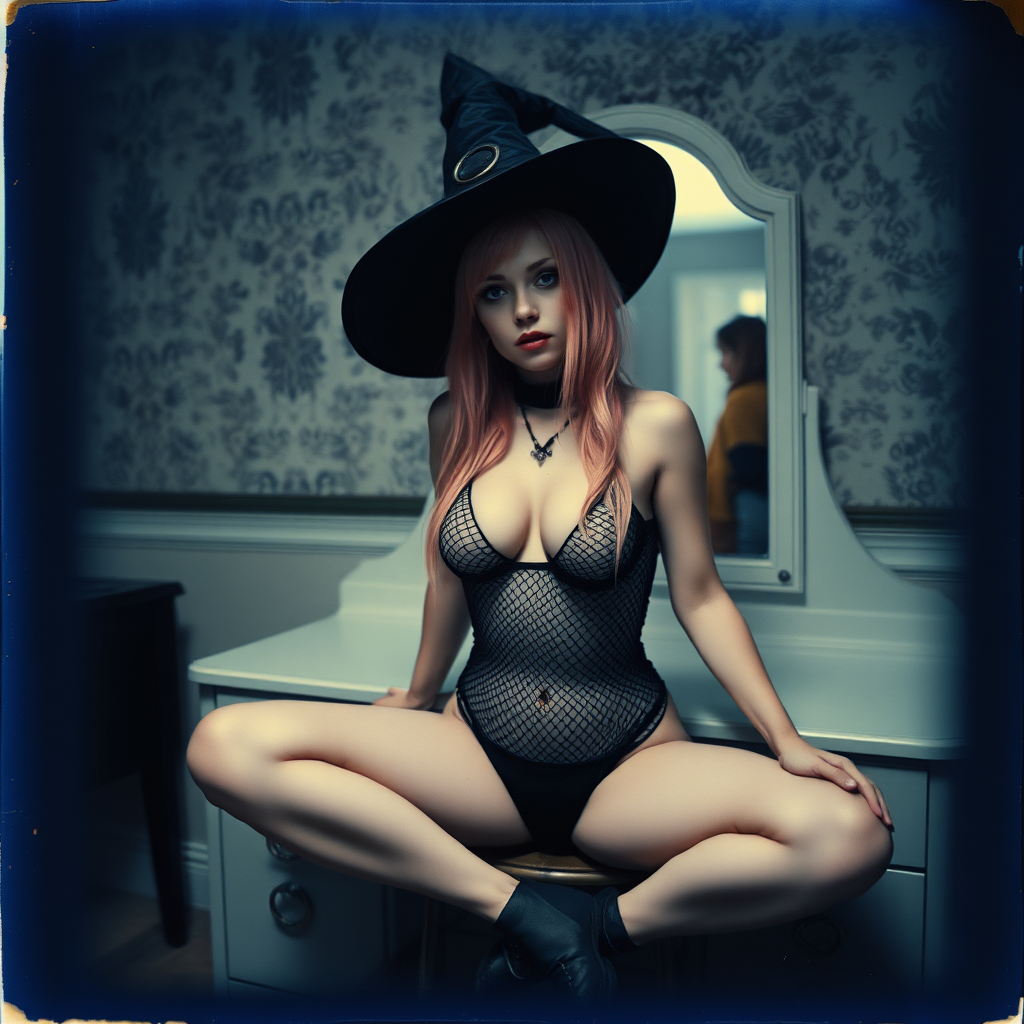 can of an old polaroid photo with heavy dark vignetting and a blue color tint to the photograph and visible light leaks. The photo depicts a sexy alt goth girl with pale skin and pink hair. She has large breasts with ample cleavage and is wearing a black fishnet bodysuit. She is wearing a witch hat. The image looks hazy and grungy. She is in an old house with wallpaper on the walls. Dark lighting with camera flash used. Candid. she is wearing a black thong. She is sitting on a builtin vanity with a mirror with her knees spread apart.